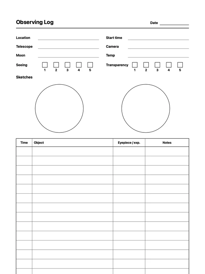 Endless Astronomy Observing Log Native Template on reMarkable 2