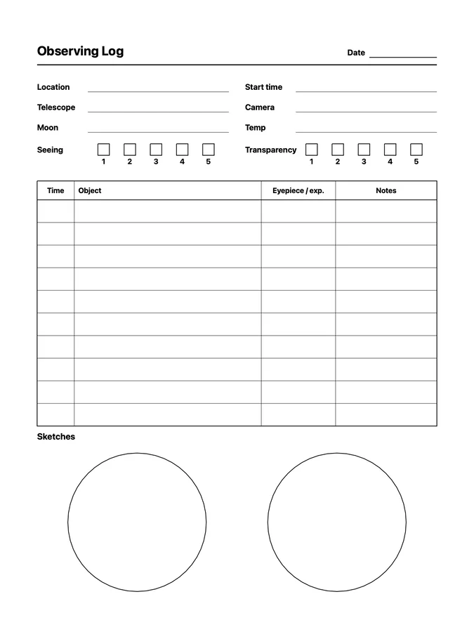 Astronomy Observing Log Native Template on reMarkable 2