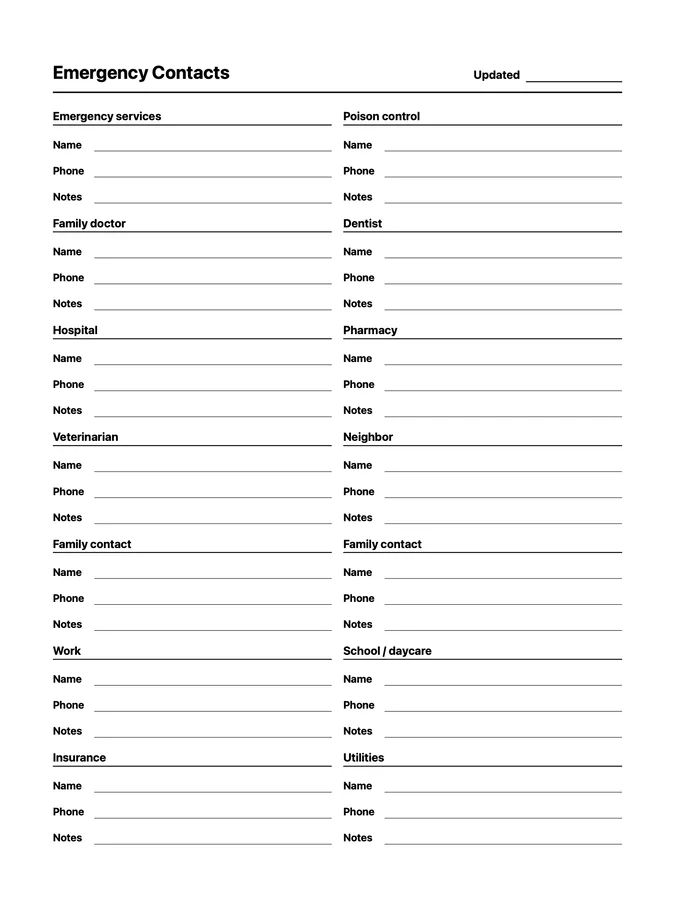 Emergency Contacts Native Template on reMarkable 2