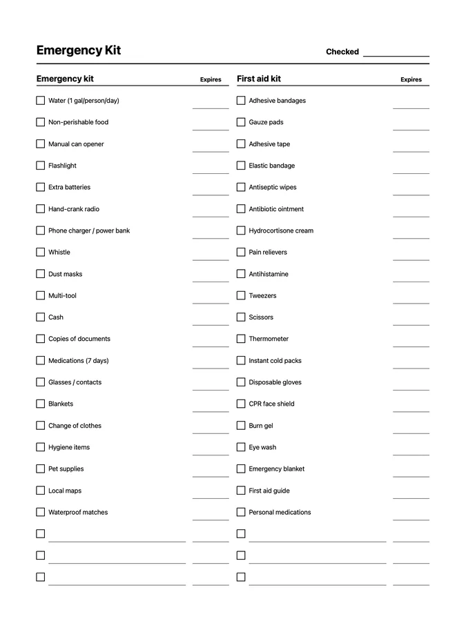 Emergency Kit Checklist Native Template on reMarkable 2
