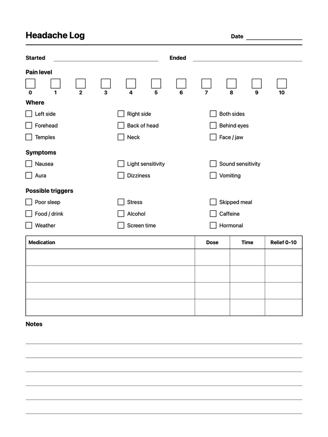 Headache Log Native Template on reMarkable 2