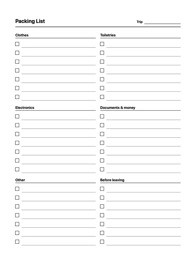 Packing List Native Template on reMarkable 2