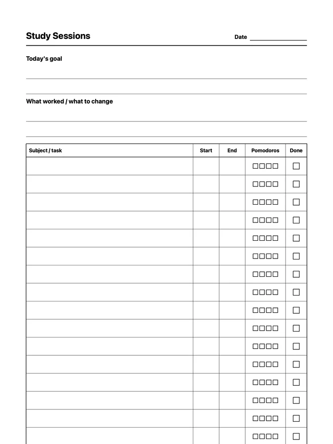 Endless Study Session Log Native Template on reMarkable 2