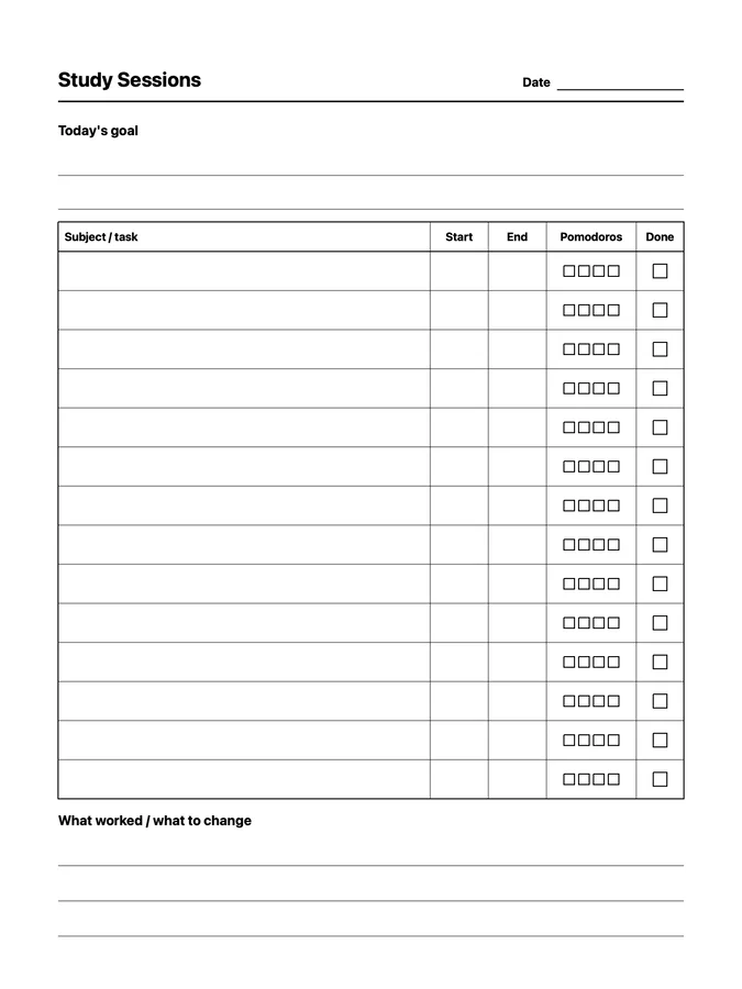 Study Session Log Native Template on reMarkable 2