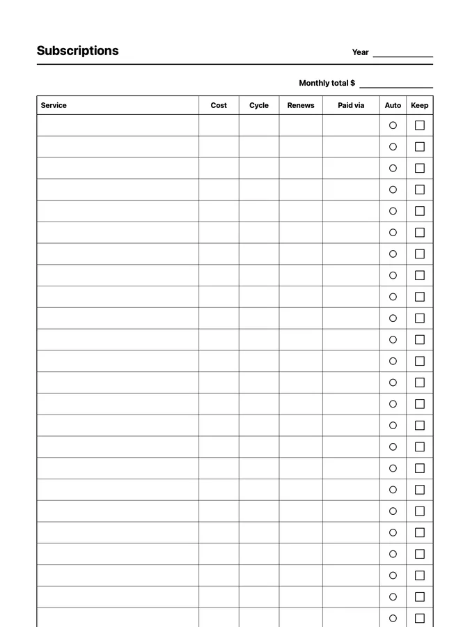 Endless Subscription Tracker Native Template on reMarkable 2
