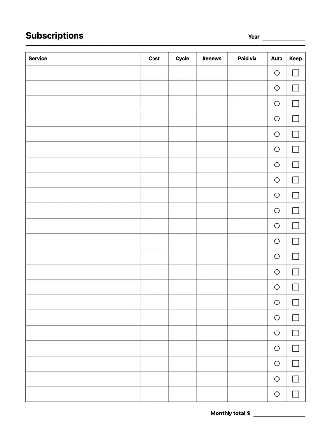 Subscription Tracker Native Template on reMarkable 2