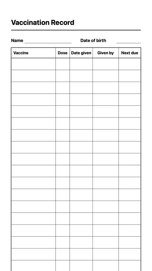 Endless Vaccination Record Native Template on Paper Pro Move